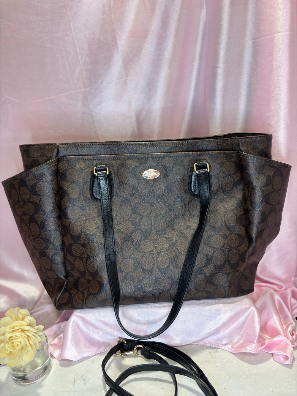 Coach Brown Signature Tote with Black Leather Straps